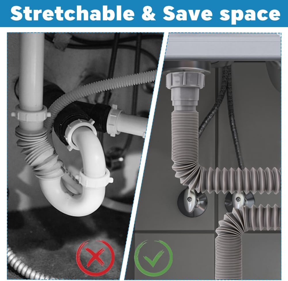 Double Sink Drain Kit, Flexible Sink Drain Pipe 1-1/2 inch Trap Fits Sin-k Bowl Dra-in Expandable All-In-One-Drain