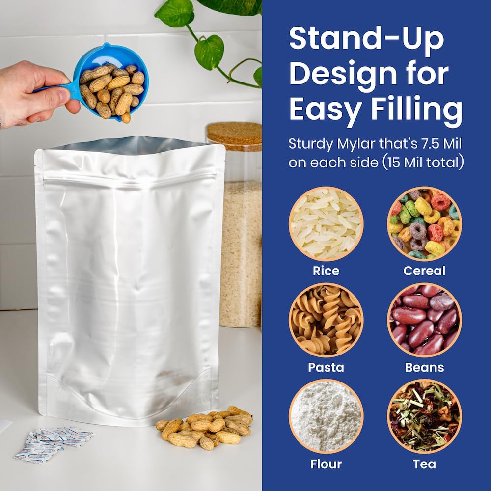 30 Count 1-Gallon Gusset Mylar Bags with 400cc Oxygen Absorbers, 15 Mil Total Thickness Long-Term Food Storage