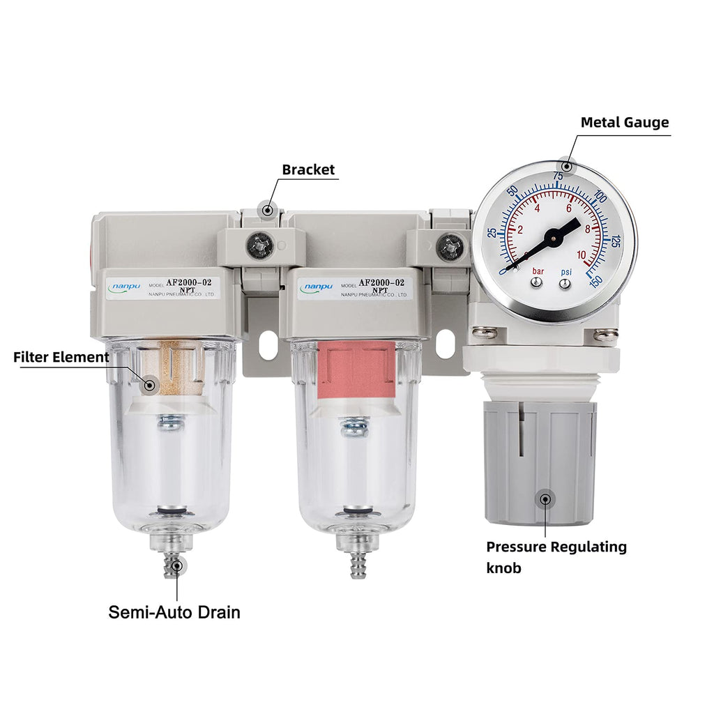 NANPU 1/4" NPT Air Drying System, 0.01-Micron Coalescing Filter Regulator