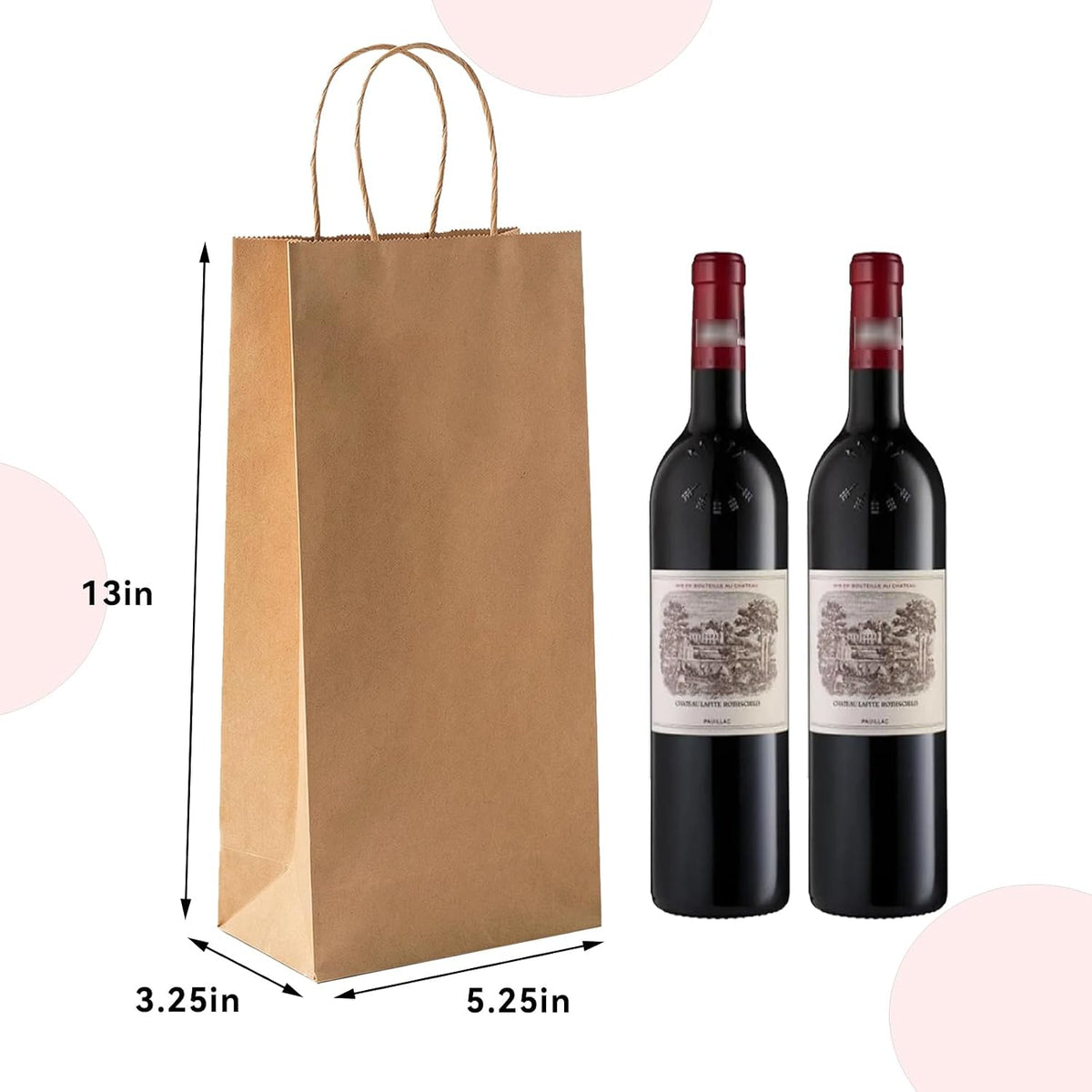 Wine Kraft Paper Bags 5.25x3.25x13 Inches 50Pcs Wine Gift Bags,Brown Paper Wine Bags with Handles Bulk for Wine