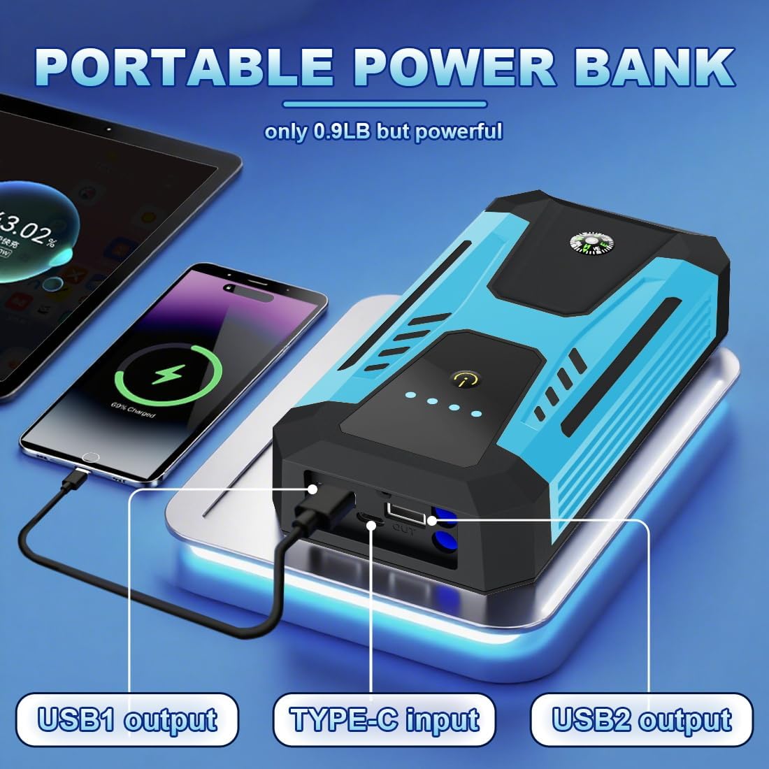 12v Jump Starter for 10.0L Gas/8.0L Diesel, 6000A Peak Car Battery Jumper Starter Portable, IP66 Waterproof Jump Box