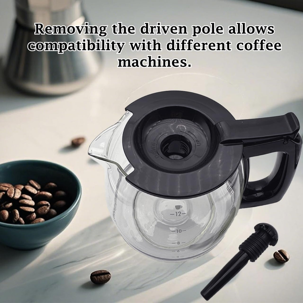 Universal 12-Cup Glass Replacement Coffee Carafe, Compatible with Multiple Coffee Maker Brands, Black Handle