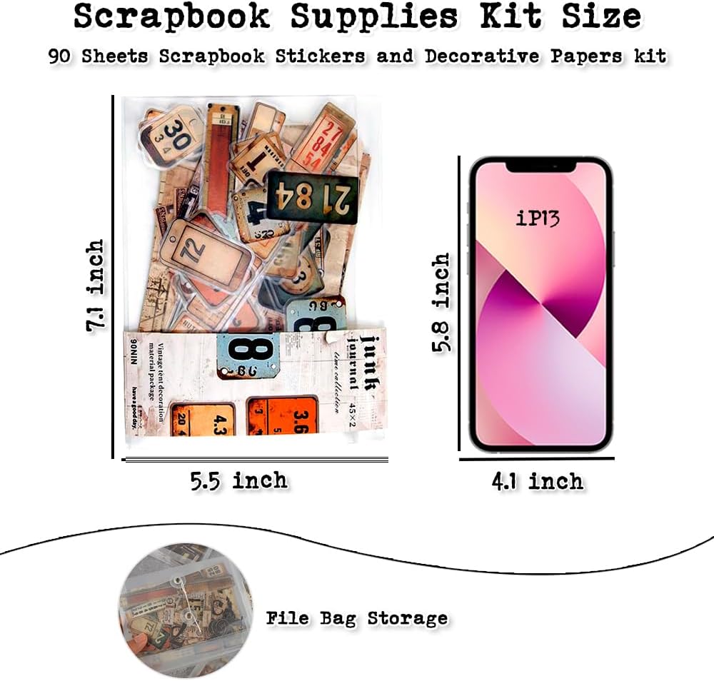 Vintage Scrapbook Kit, 90 Sheets Retro Tag Labels Collection, Scrapbooking Stickers and Decorative Papers Collage