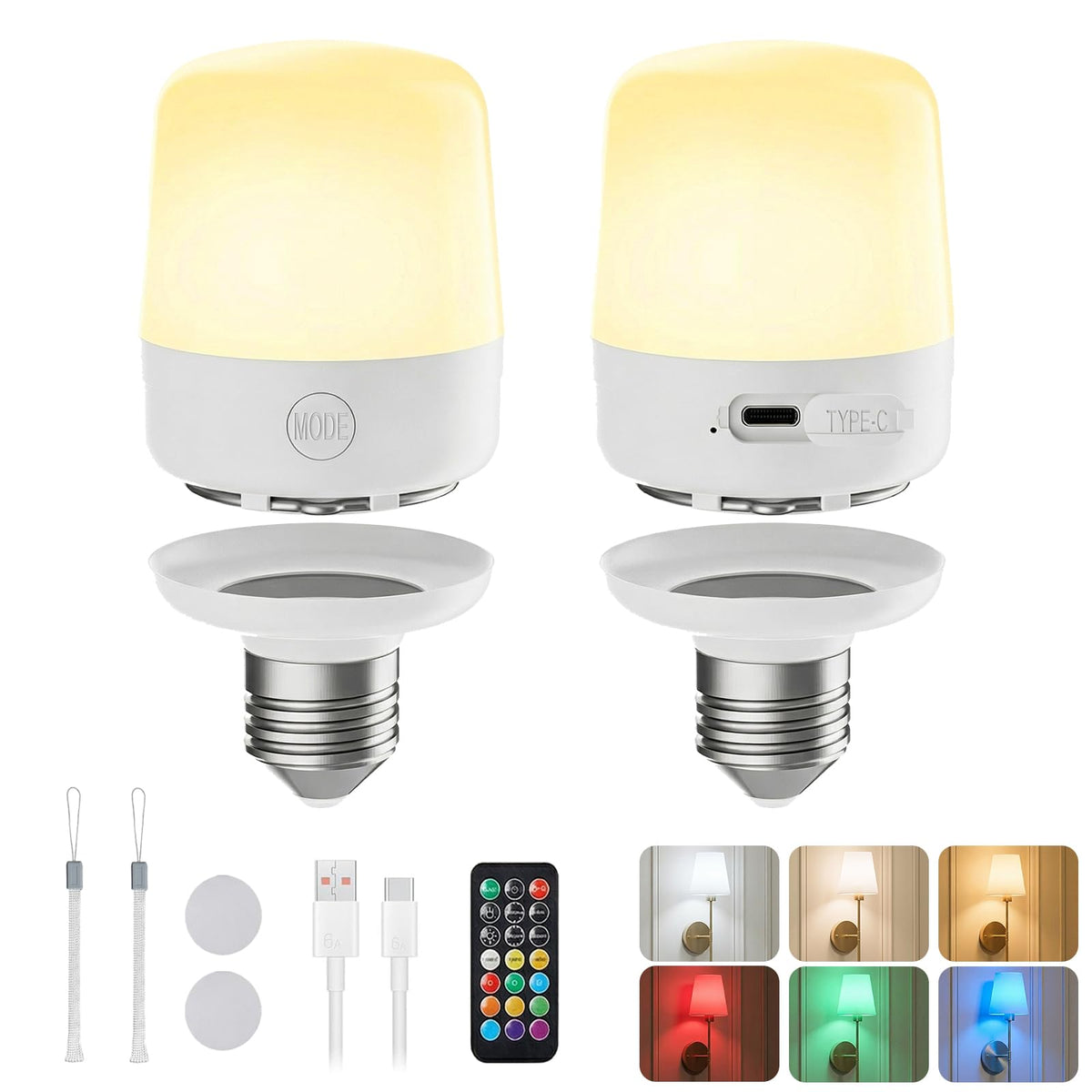 E26 Rechargeable Light Bulbs with Remote and Timer, 2 Pack