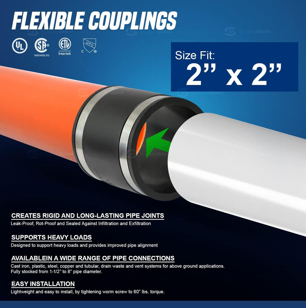 Supply Giant 6I47 Flexible PVC Coupling with Stainless Steel Clamps, 2.4" Inner diameter for 2" Nominal Pipe, Black