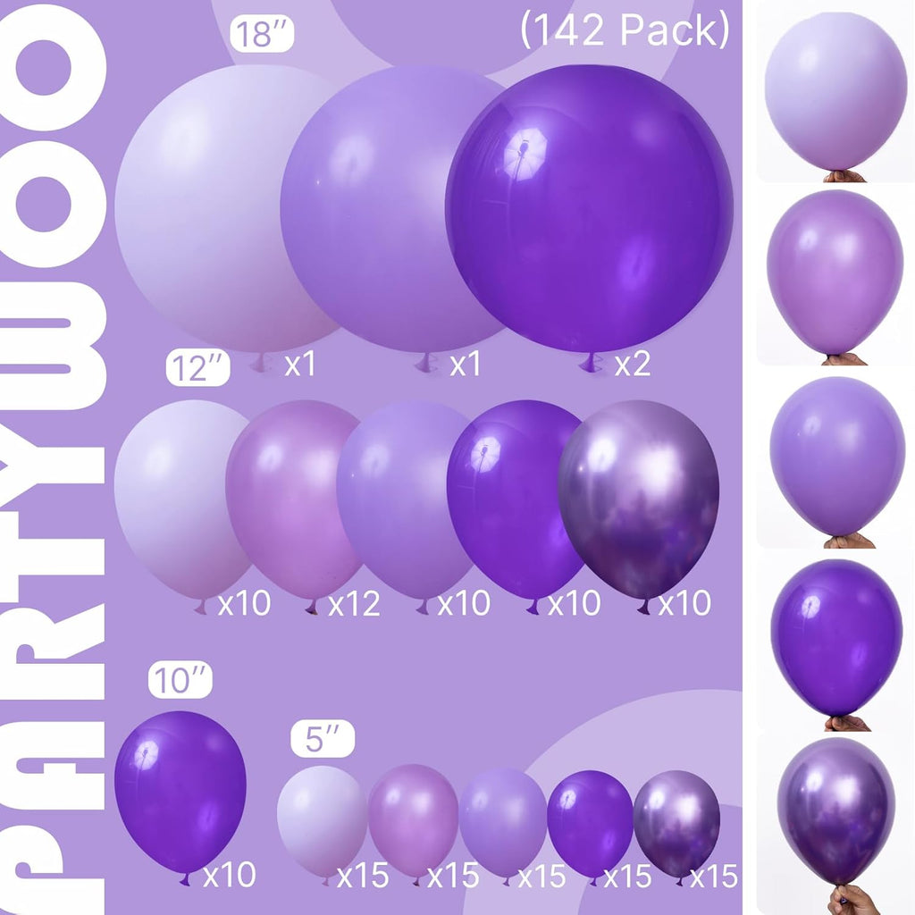 Purple Balloon Arch Kit Garland 142pcs Different Sizes of 18 12 10 5 Inch Dark Royal Light Pastel Metallic Purple