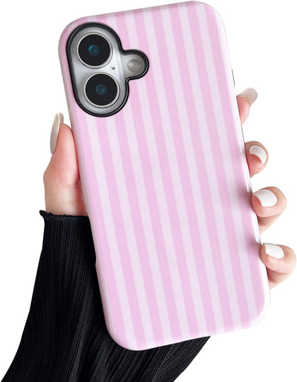 Compatible with iPhone 16 Case, Cute Fashion Aesthetic Striped Pattern Cover for Women, Shockproof Soft TPU and Hard