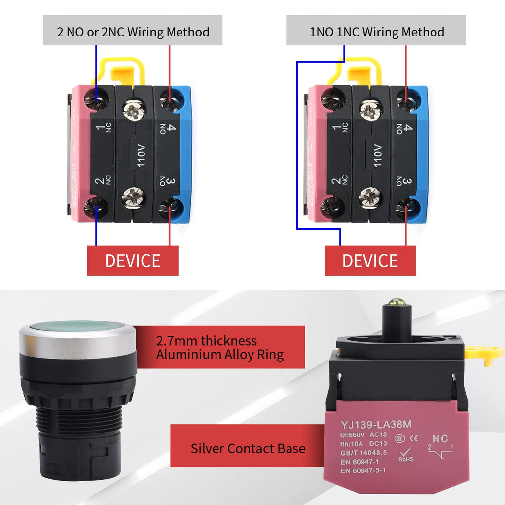 APIELE 22mm Latching Push Button Switch Metal Head Plastic Body 110V AC/DC Led 1NO 1NC Self-Locking