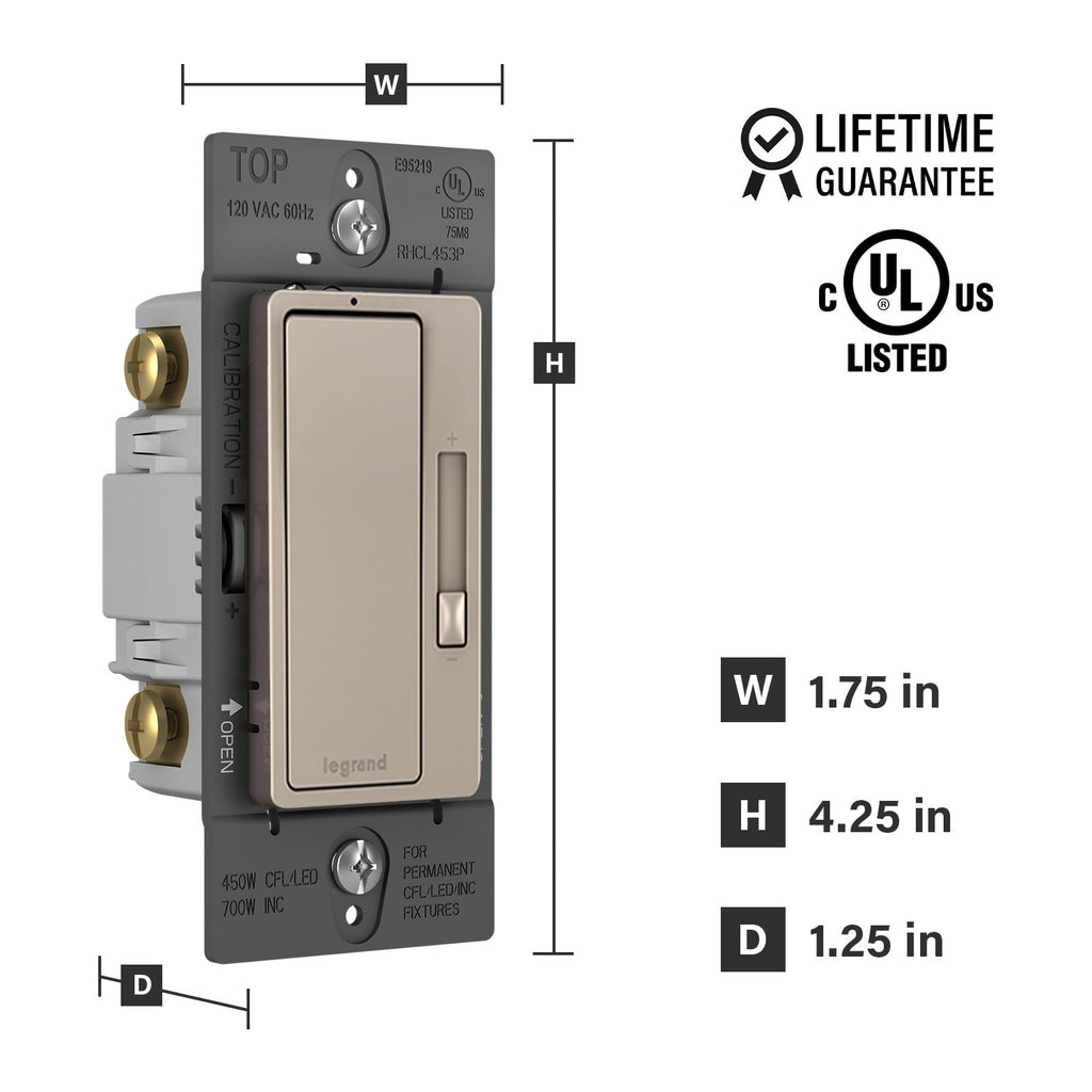 Legrand Radiant 450W LED Dimmer Light Switch 3-Way Rocker Nickel 1-Pack
