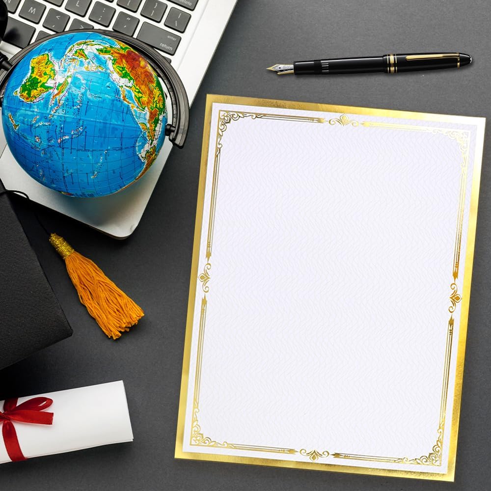 Award Certificate Papers, 50 Sheets Blank Gold Foil Certificate Border for Diploma, Participation Awards, Laser and