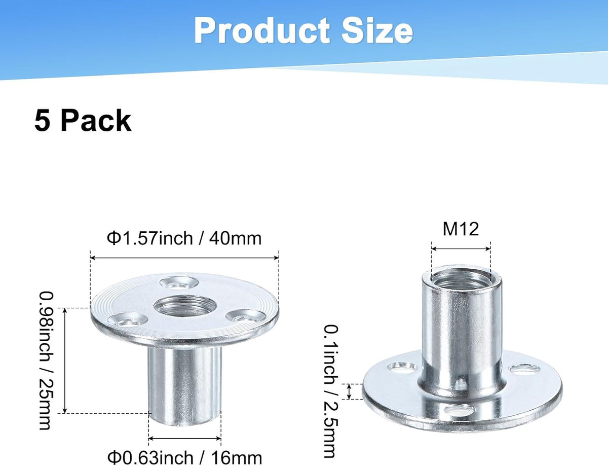 M METERXITY 5-Pack M12x25mm T-Nuts Zinc Plated Carbon Steel Tee Nut Silver