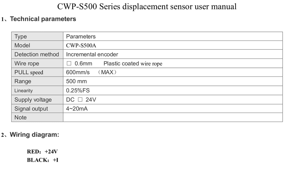 CALT 500mm Draw Wire Encoder 24Vdc Supply 4-20mA Output