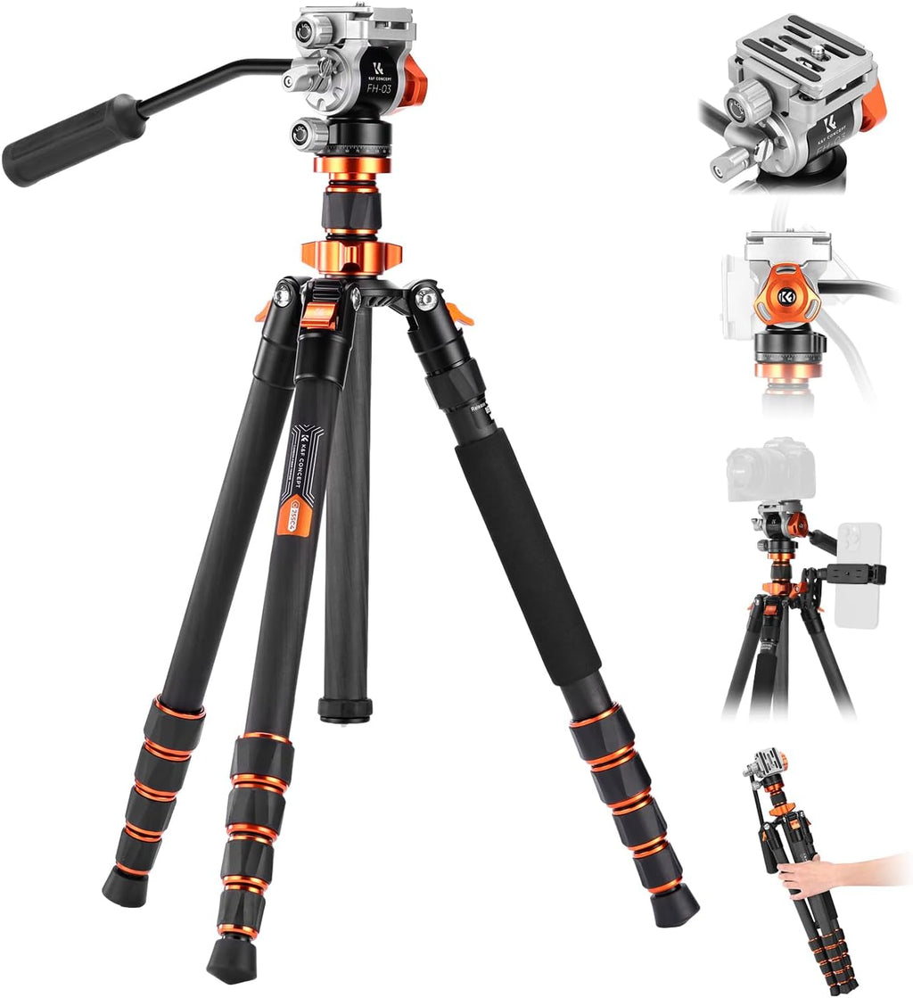 68'' Carbon Fiber Tripod with Fluid Head | Max Load 11lbs, Lightweight DSLR Tripods & Monopods for Canon Sony Nikon