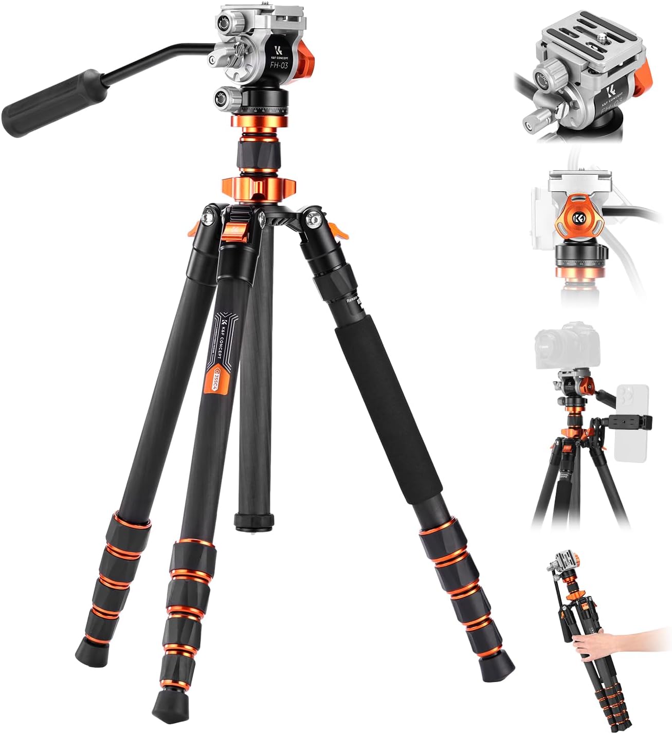 68'' Carbon Fiber Tripod with Fluid Head | Max Load 11lbs, Lightweight DSLR Tripods & Monopods for Canon Sony Nikon
