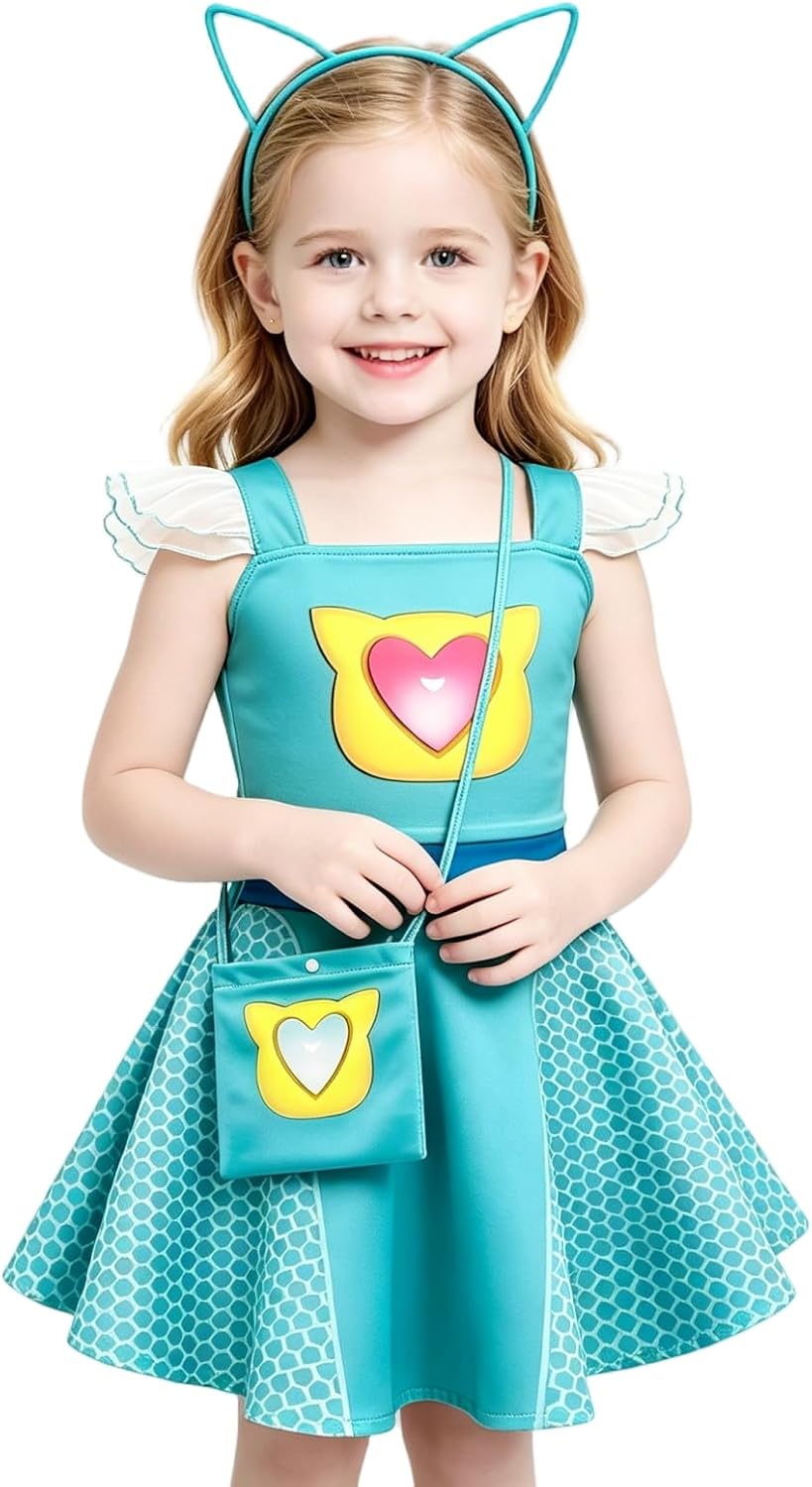 Girls Superhero Dress with Mesh Sleeves,Cat Eyes Mask and Cute Necklace for Halloween Birthday Party Outfits