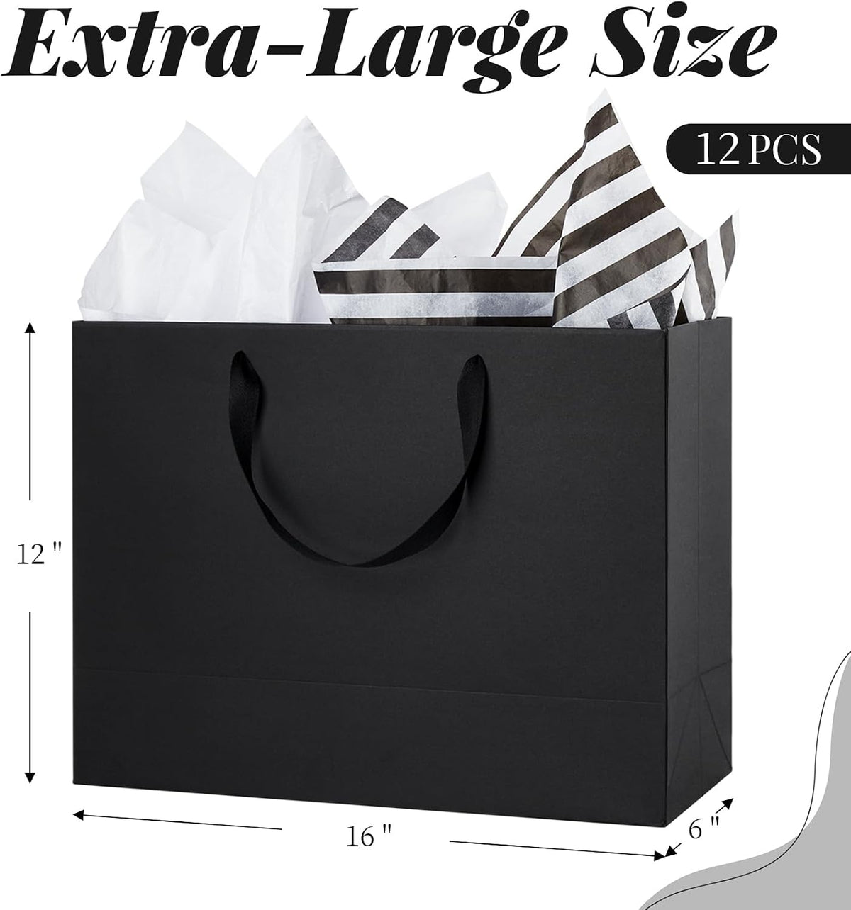 Extra Large Black Gift Bags, 12-Count, 16x6x12 Inch