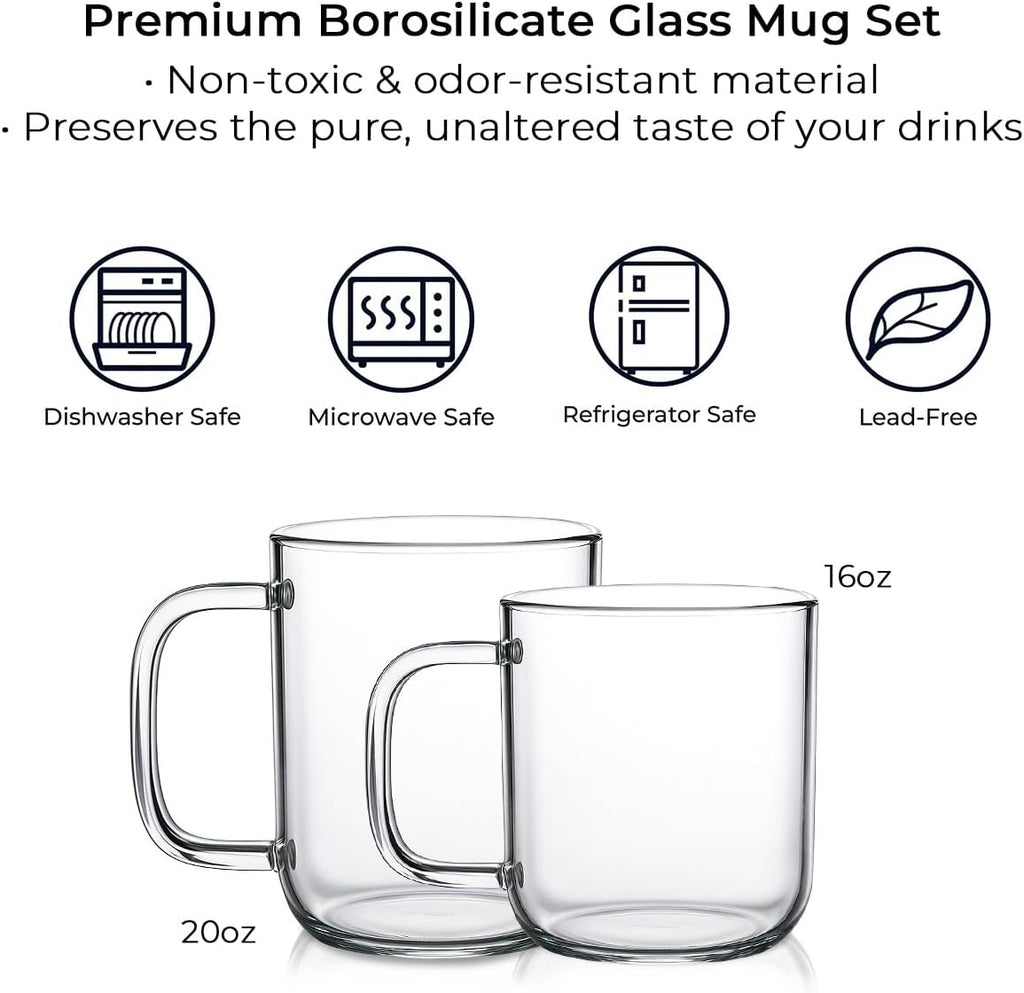 20oz Glass Coffee Mugs Set of 2, Clear Borosilicate Cups with Handle