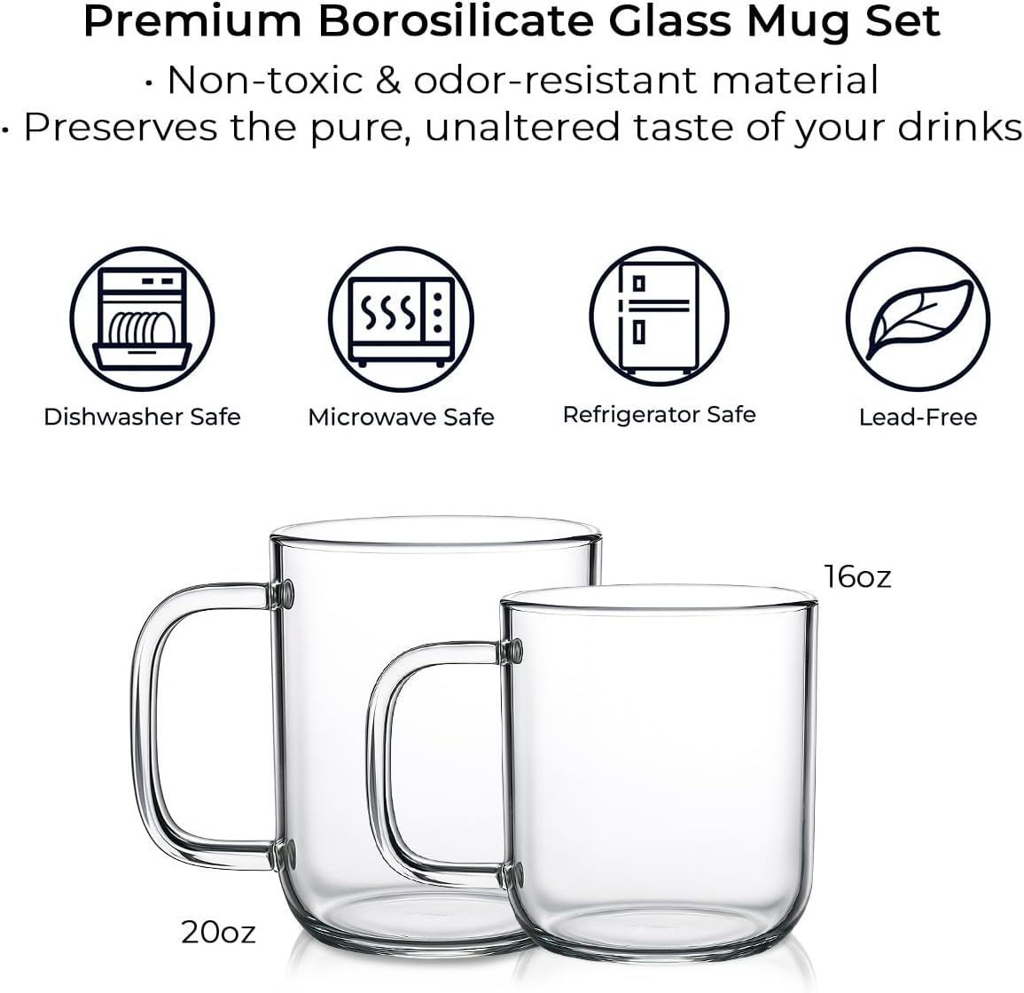20oz Glass Coffee Mugs Set of 2, Clear Borosilicate Cups with Handle