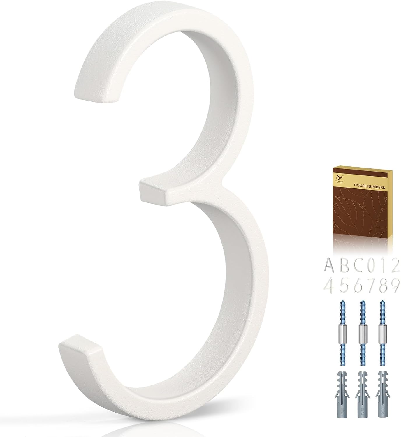 5 Inch House Numbers for Outside, Metal Address Number 3- Modern Design, Weather-Resistant White Crystal Powder