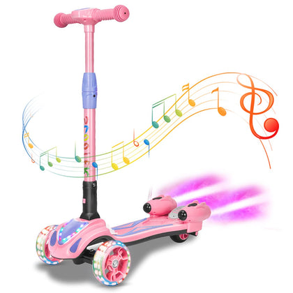 3 Wheel Scooter for Kids, Toddler Scooter with Bluetooth Music Speaker Steam Sprayer LED Lights Aluminum Alloy T-Bar