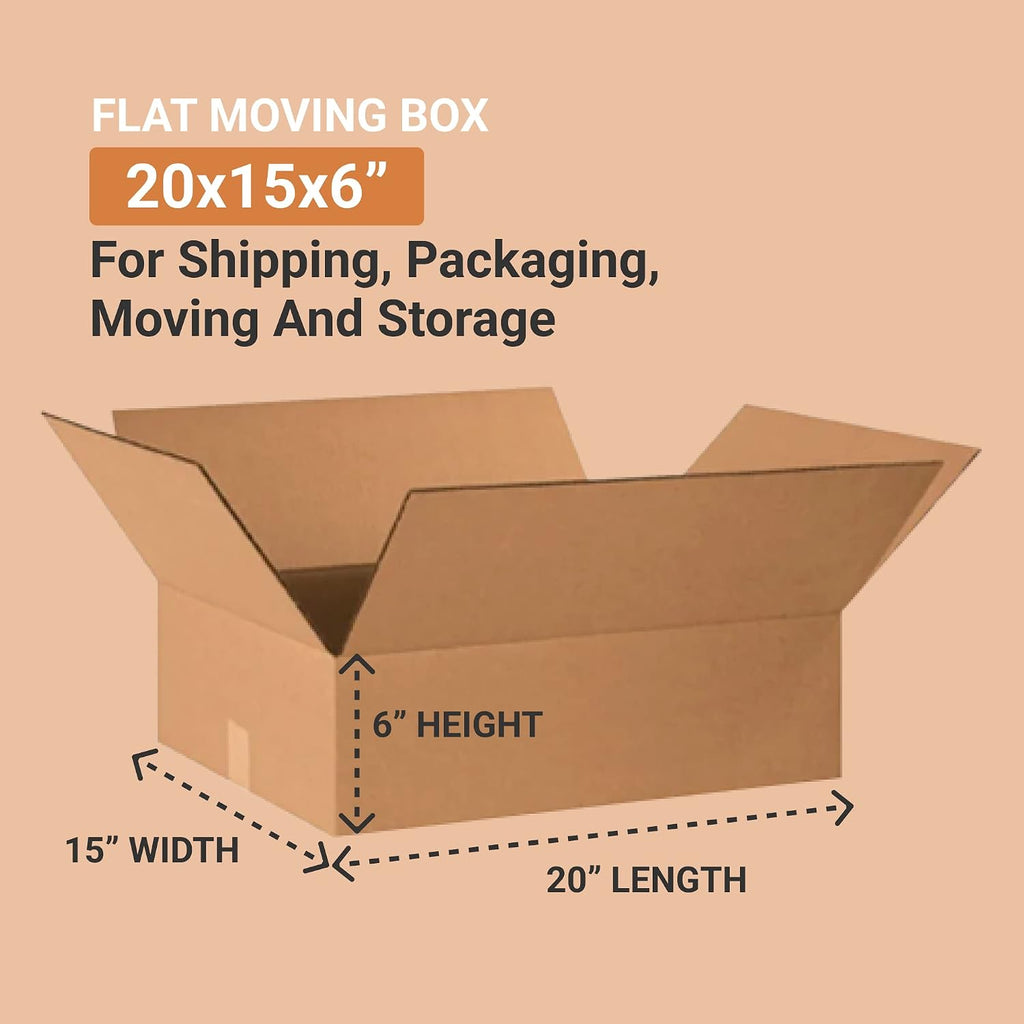 Shipping Boxes Flat 20"L x 15"W x 6"H 25-Pack - Corrugated Cardboard Box for Moving, Mailing, Packing, Packaging and