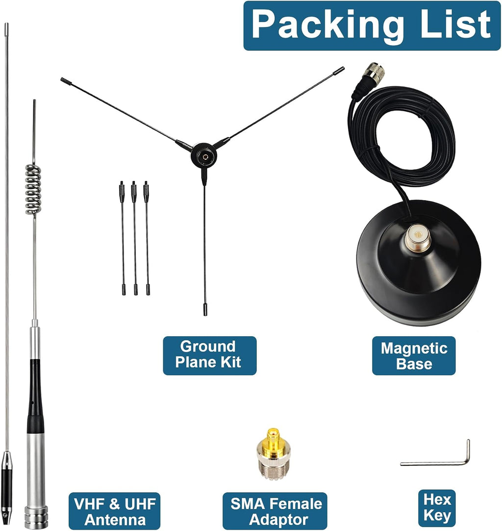 Dual Band VHF UHF Mobile Antenna 136-174MHz 400-470MHz (70cm & 2 Meter) Magnetic Mount Antenna with Ground Planes