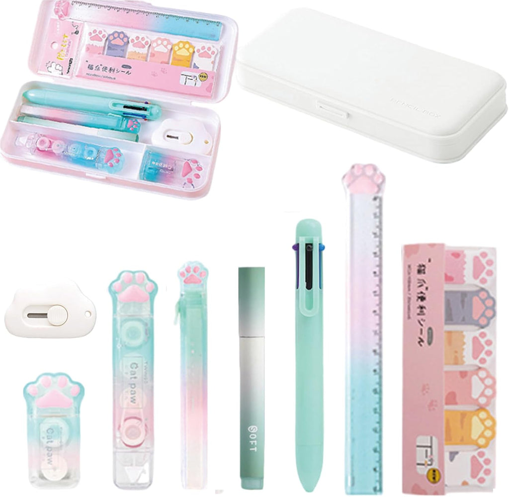 9 Pcs Cute Green Stationery Set Cat Paw School Supplies Kawaii Office Supplies Including Pens Highlighter Pencil