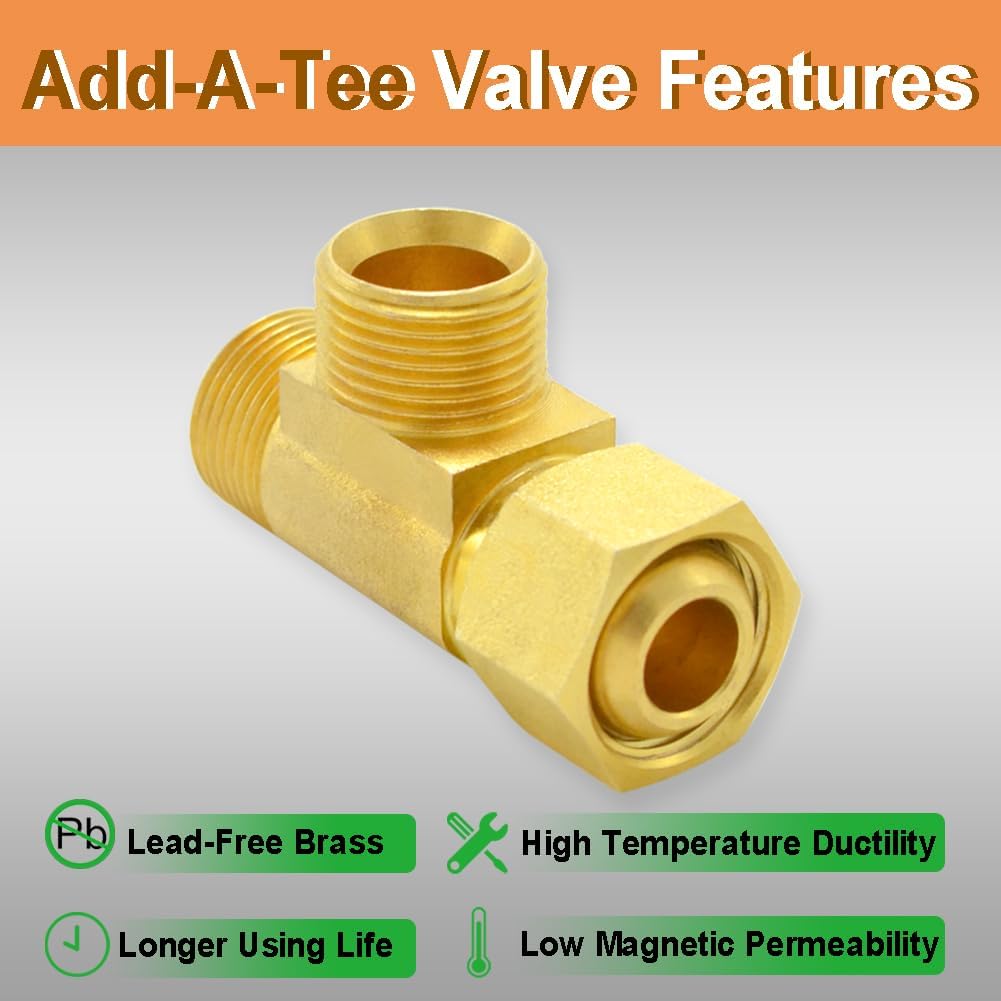 TTFLEX 3/8" Compression Tee 4PCS Brass Angle Stop Add-A-Tee for Toilet Sink