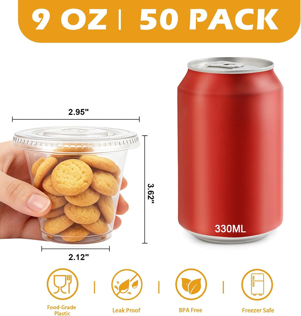 9 oz Plastic Cups with Lids 50 Pack, Disposable Clear Cups with Lid