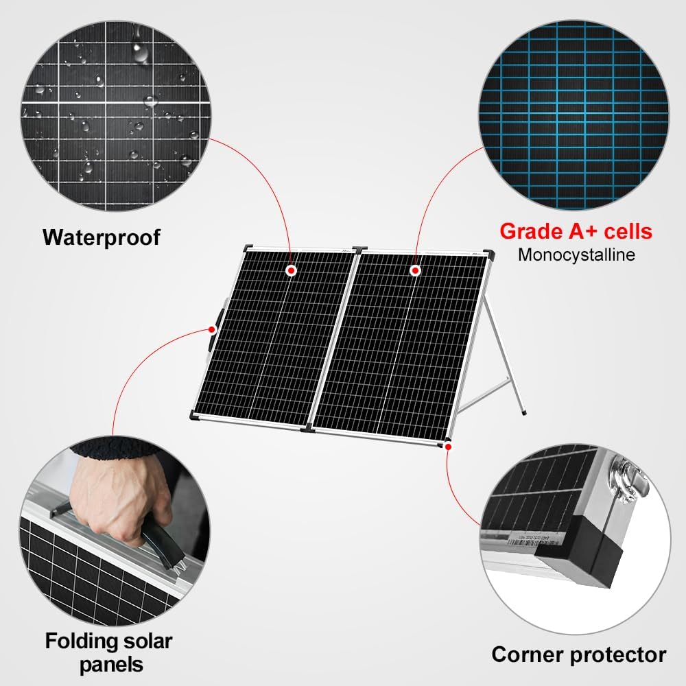Foldable Solar Panel 100 Watt Monocrystalline Solar Suitcase Portable with Controller to Charge 12V Batteries (All