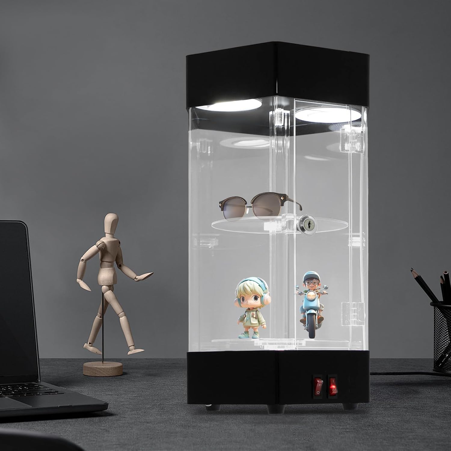 360° Electric Rotating Display Case, 2-Tier Jewelry Display Case Hexagonal Acrylic Showcase with Lockable Door and