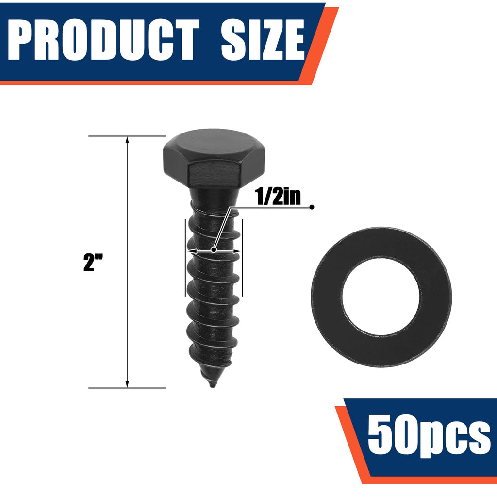 50 Pack 1/2''X 2'' Lag Bolts Screw with Washer Galvanized, Black