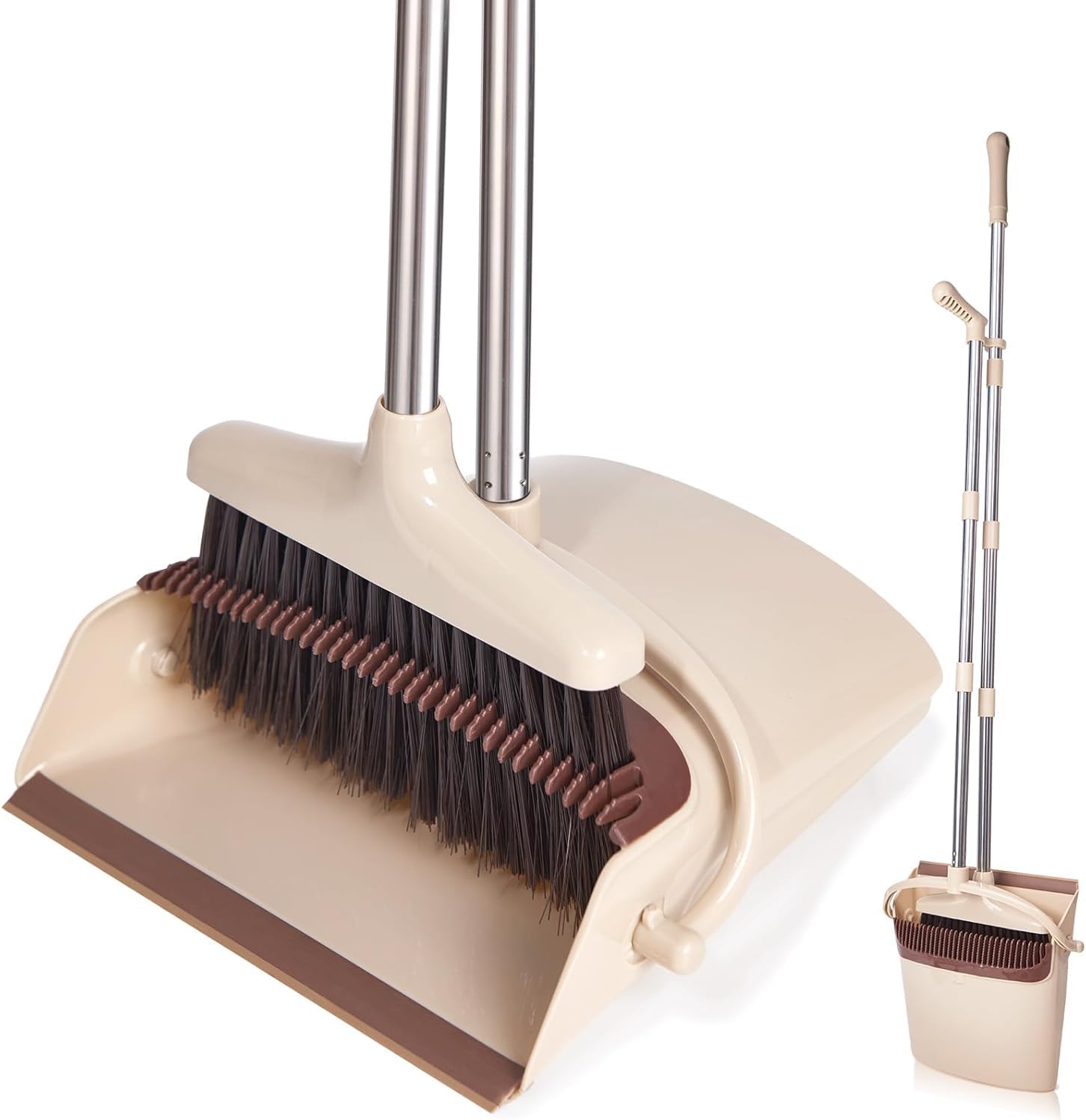 Broom and Dustpan Set with Long Handle, Light Weight Stainless Steel Poles Stand Upright Dustpans with Broom Combo
