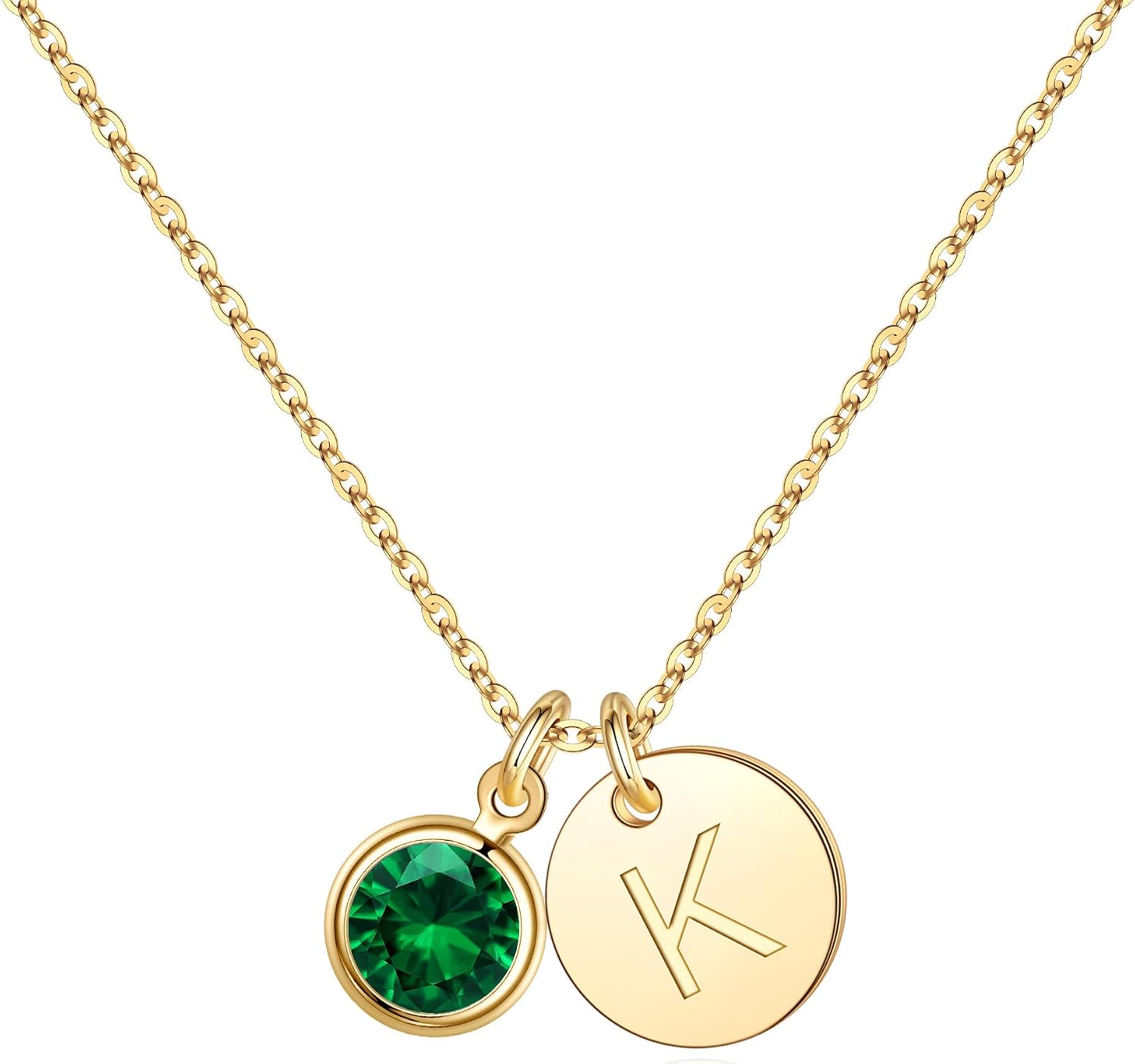 Initial Birthstone Necklaces for Girls Women - 14K-Gold-Plated Disc Letter Necklace Personalized Gift Birthstone