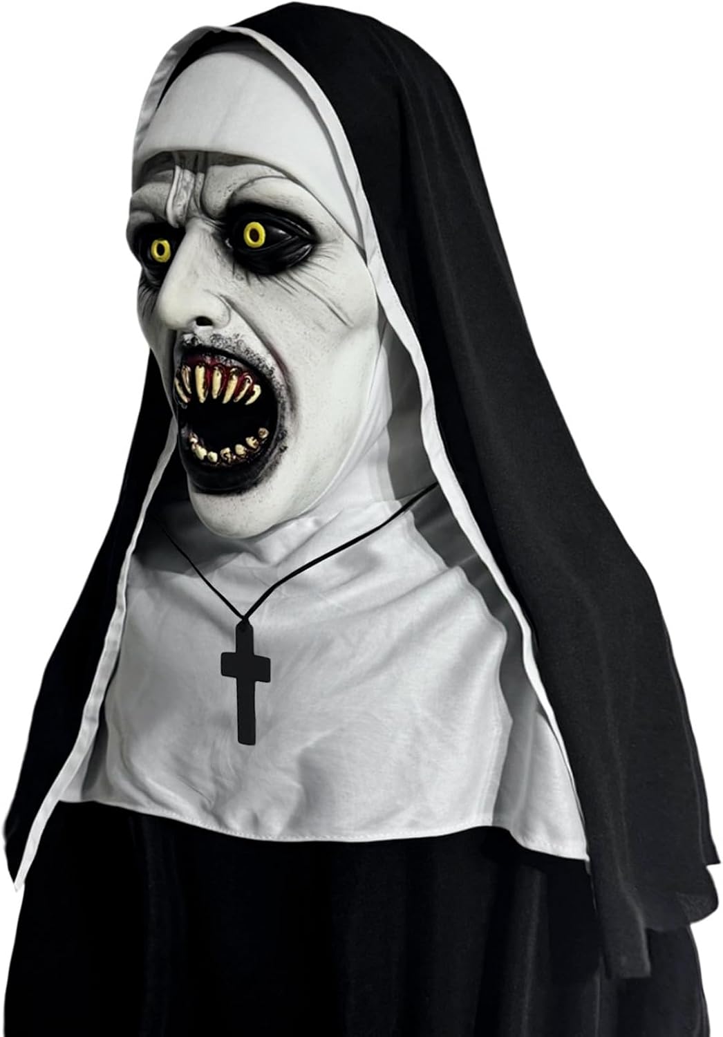 Nun Scary Latex Mask Halloween Party Horror Nun Mask Full Head Costume Creepy Mask with Cross Necklace(Fang)