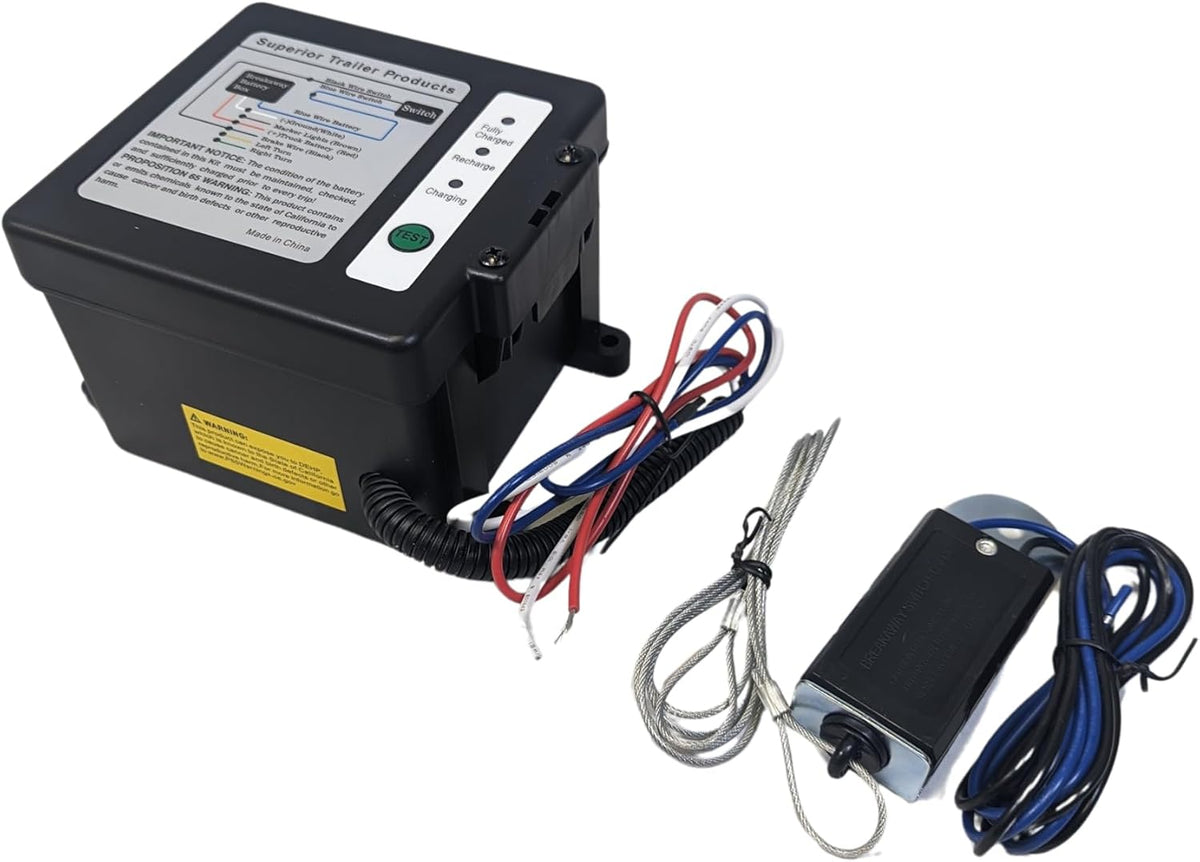 Side Load Trailer Breakaway Kit with Battery, Breakaway Switch, Breakaway Cable, Battery Box, Built in Charger, LED