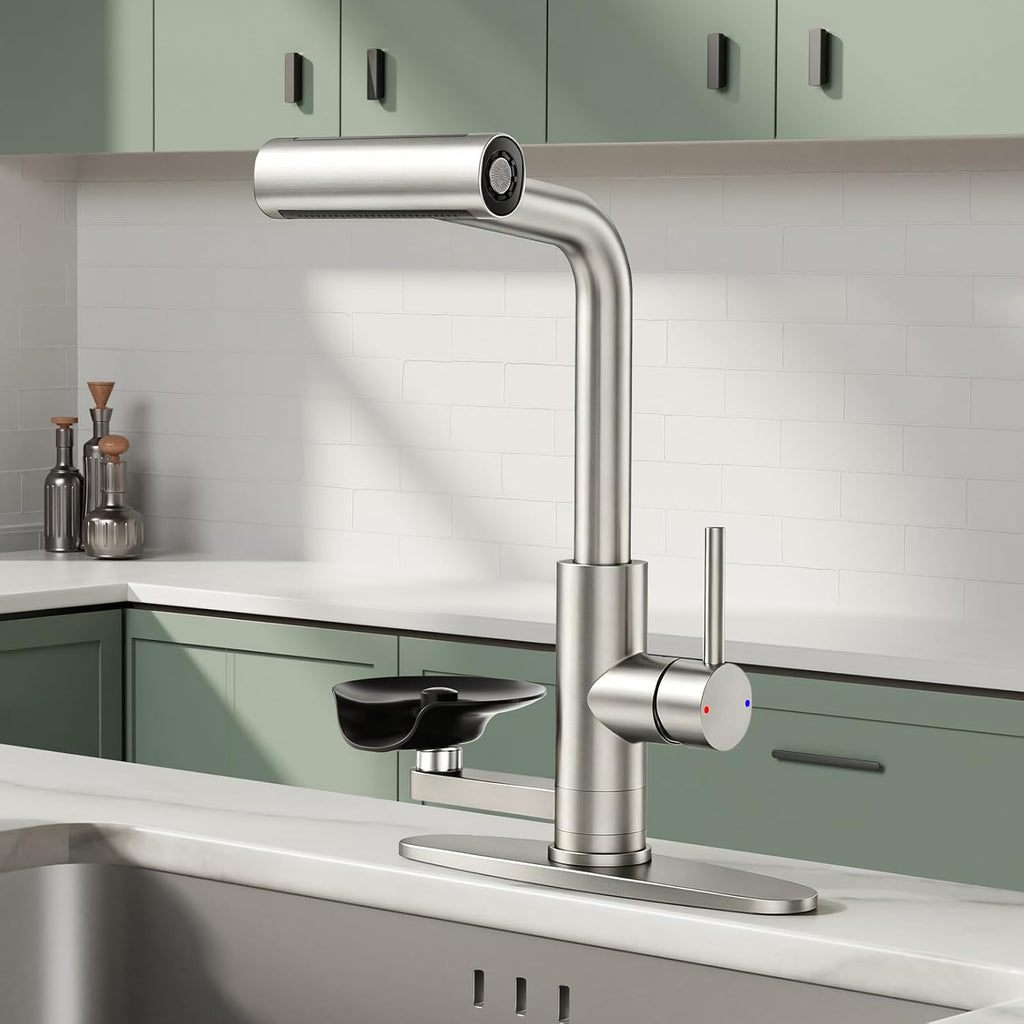 Waterfall Kitchen Faucets with Glass Rinser &Sprayer Brushed Nickel