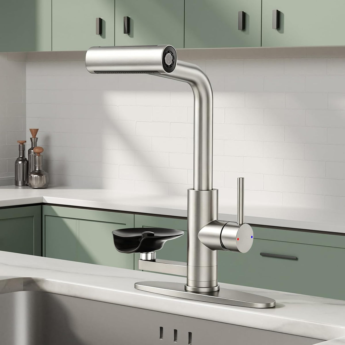 Waterfall Kitchen Faucets with Glass Rinser &Sprayer Brushed Nickel