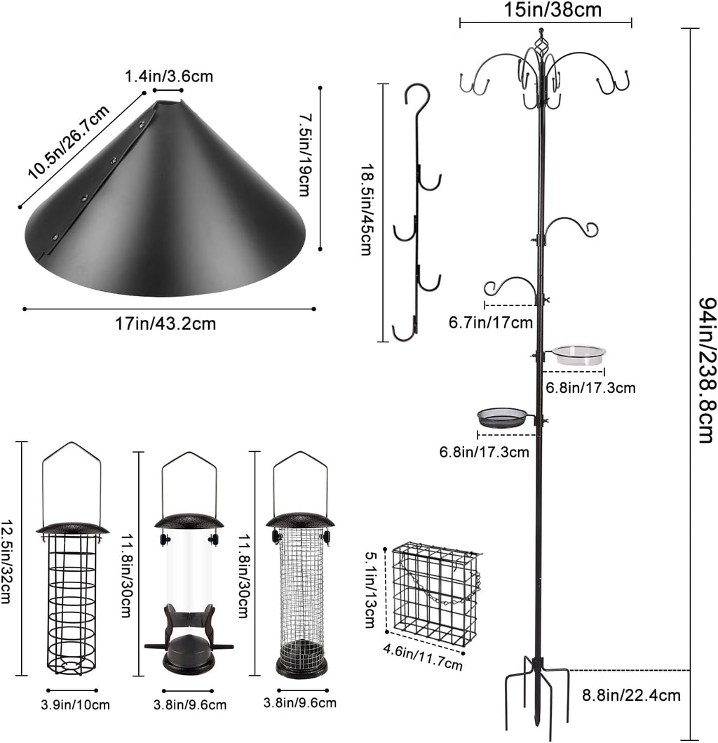 Deluxe Bird Feeding Station Kit Bird Feeder Pole with Squirrel Baffle, Suet Cage, Bath Tray for Planter Hanger