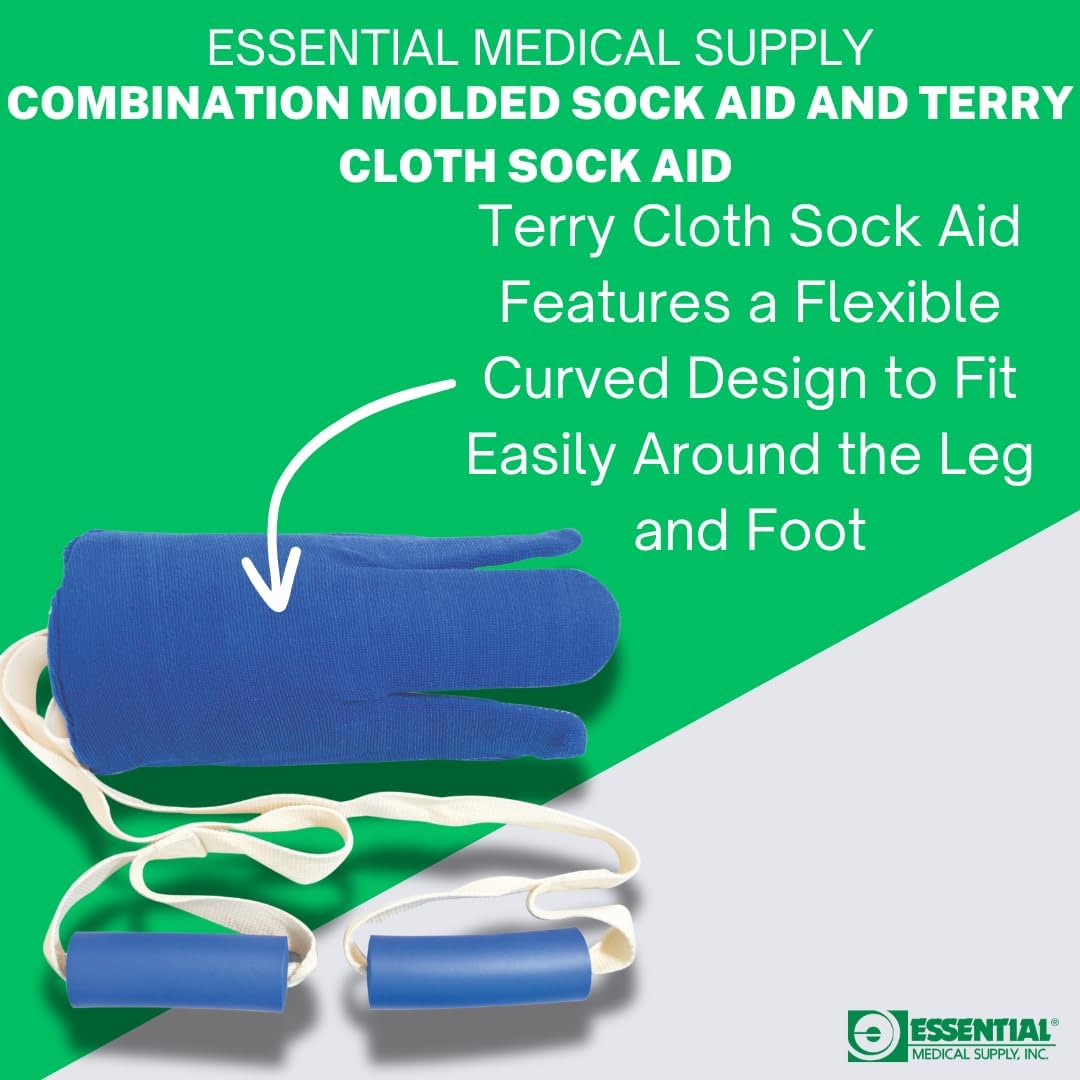 Combination Molded Plastic Sock and Stocking Aid and Terry Cloth Sock Aid - Two Sock and Stocking Donners in One