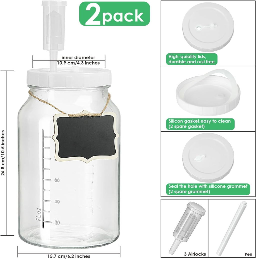 1 Gallon Fermentation Jar with 3 Airlocks & 2 Screw Lids, 2 Pack | Wide Mouth, Airtight Lids, Scale Mark, Heavy-Duty