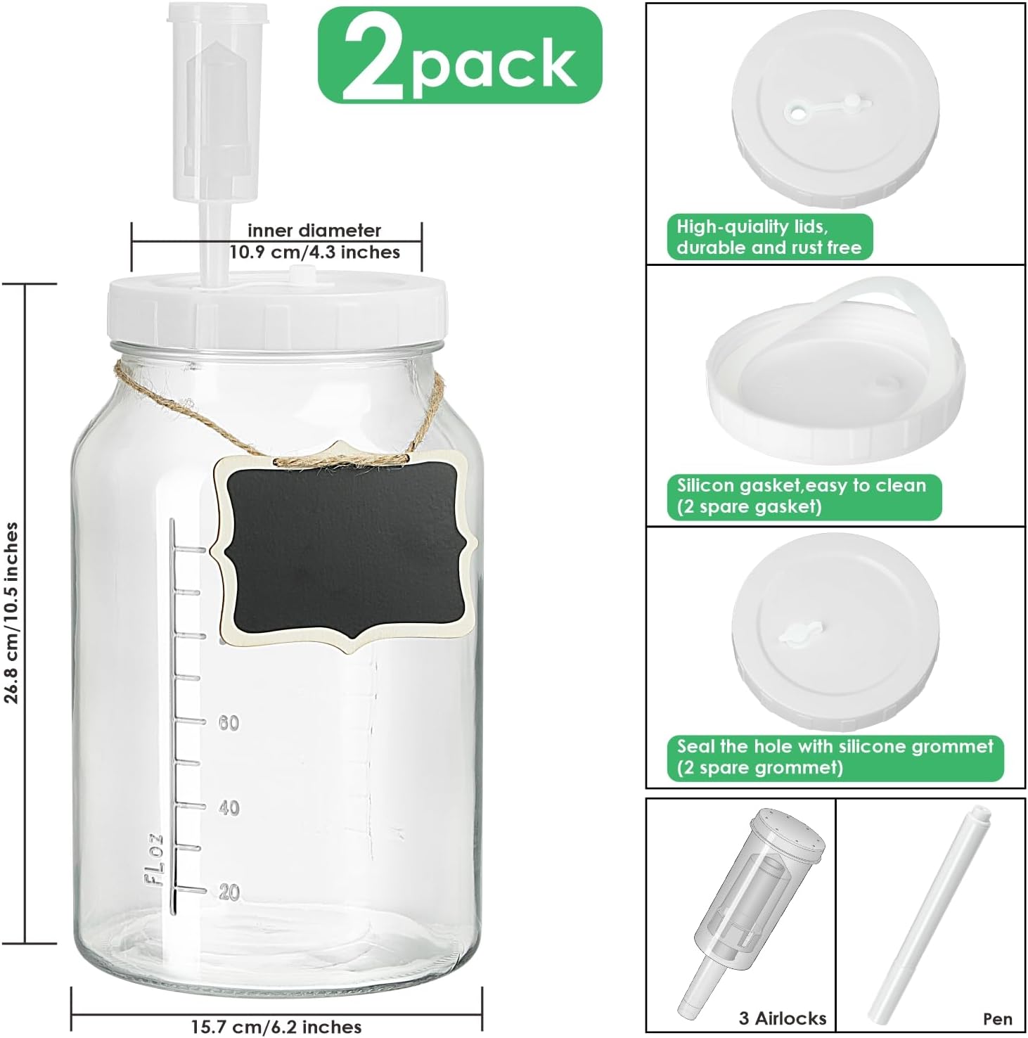 1 Gallon Fermentation Jar with 3 Airlocks & 2 Screw Lids, 2 Pack | Wide Mouth, Airtight Lids, Scale Mark, Heavy-Duty