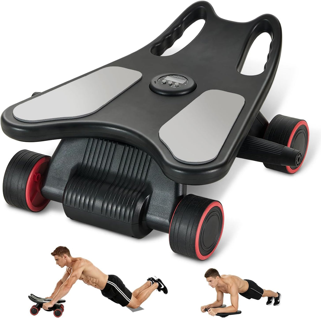 Ab Roller Wheel, Ab Roller, Upgraded Automatic Rebound Ab Roller with Elbow Support, Knee Mat & Timer, 4 Wheels Ab