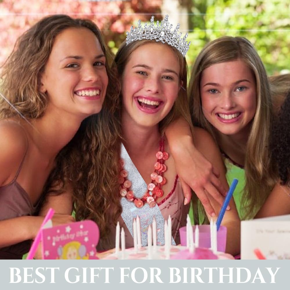 It's My Birthday Sash and Crown for Women Girls - Silver Glitter Birthday Sash, Crystal Princess Tiara, Queen Crown