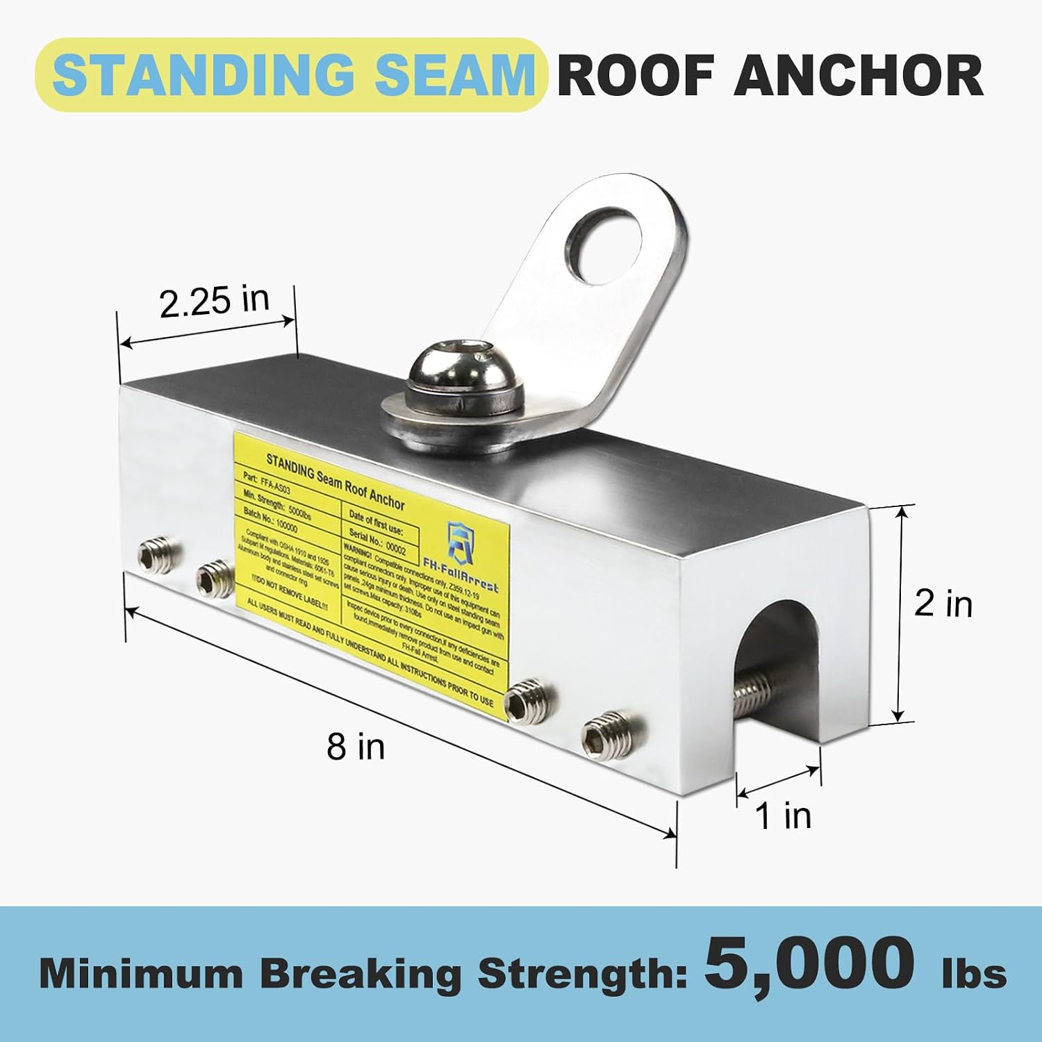 Fall Protection Standing Seam Roof Anchor Clamp with 360° Swivel Point | Fall Arrest Roofing Harness Safety Kit |
