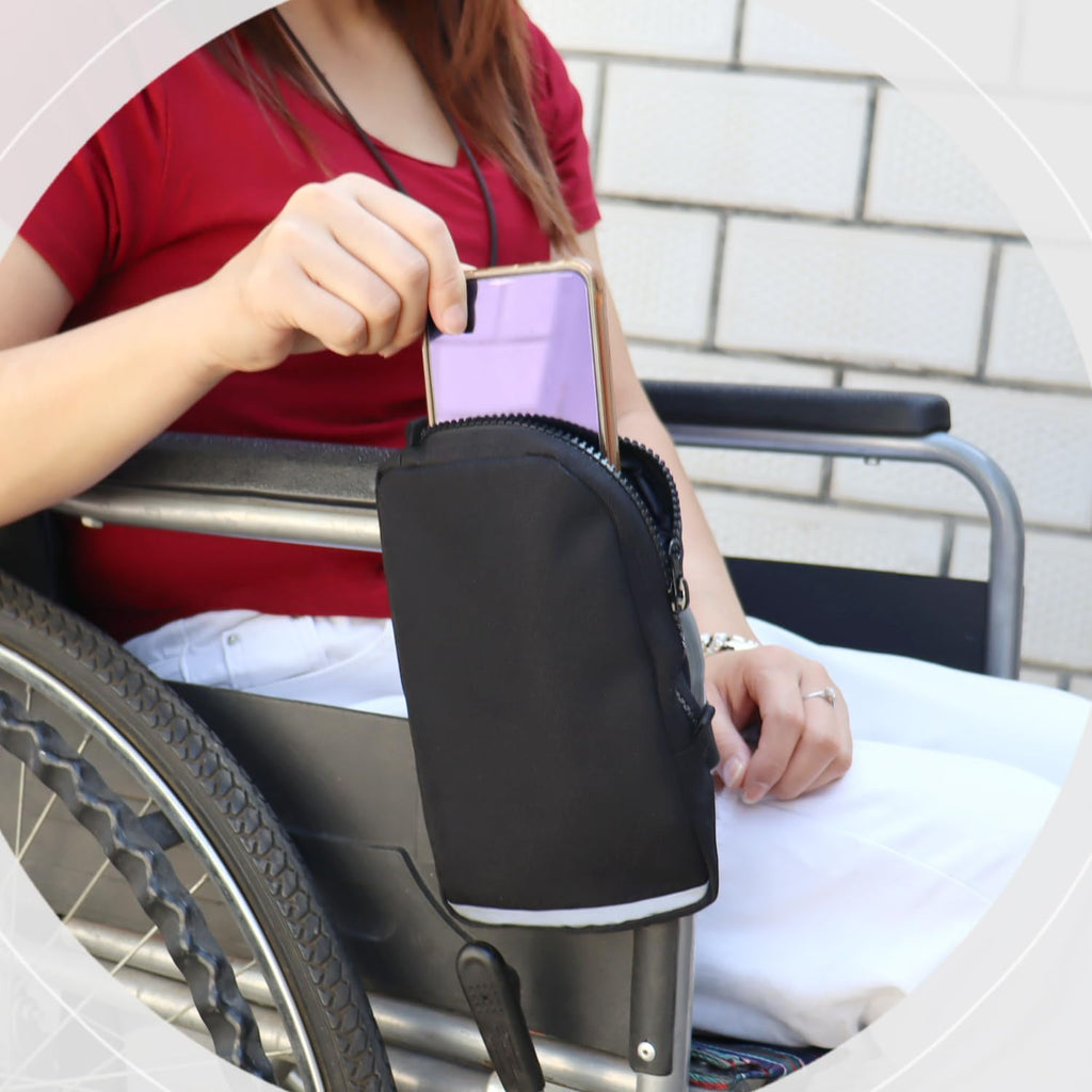 Wheelchair Phone Pouch Holder Bag – Compact Lightweight Organizer with Zipper, Front Frame Mount Storage for Wallet