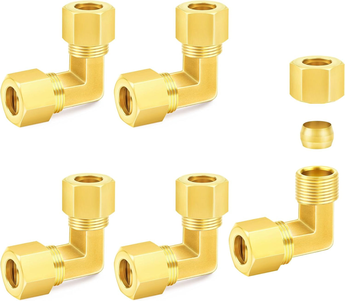 ChillWaves Brass Compression Tube Fitting, 3/8" OD x 3/8" OD 90 Degree Elbow Compression Union Connector(5-PACK)