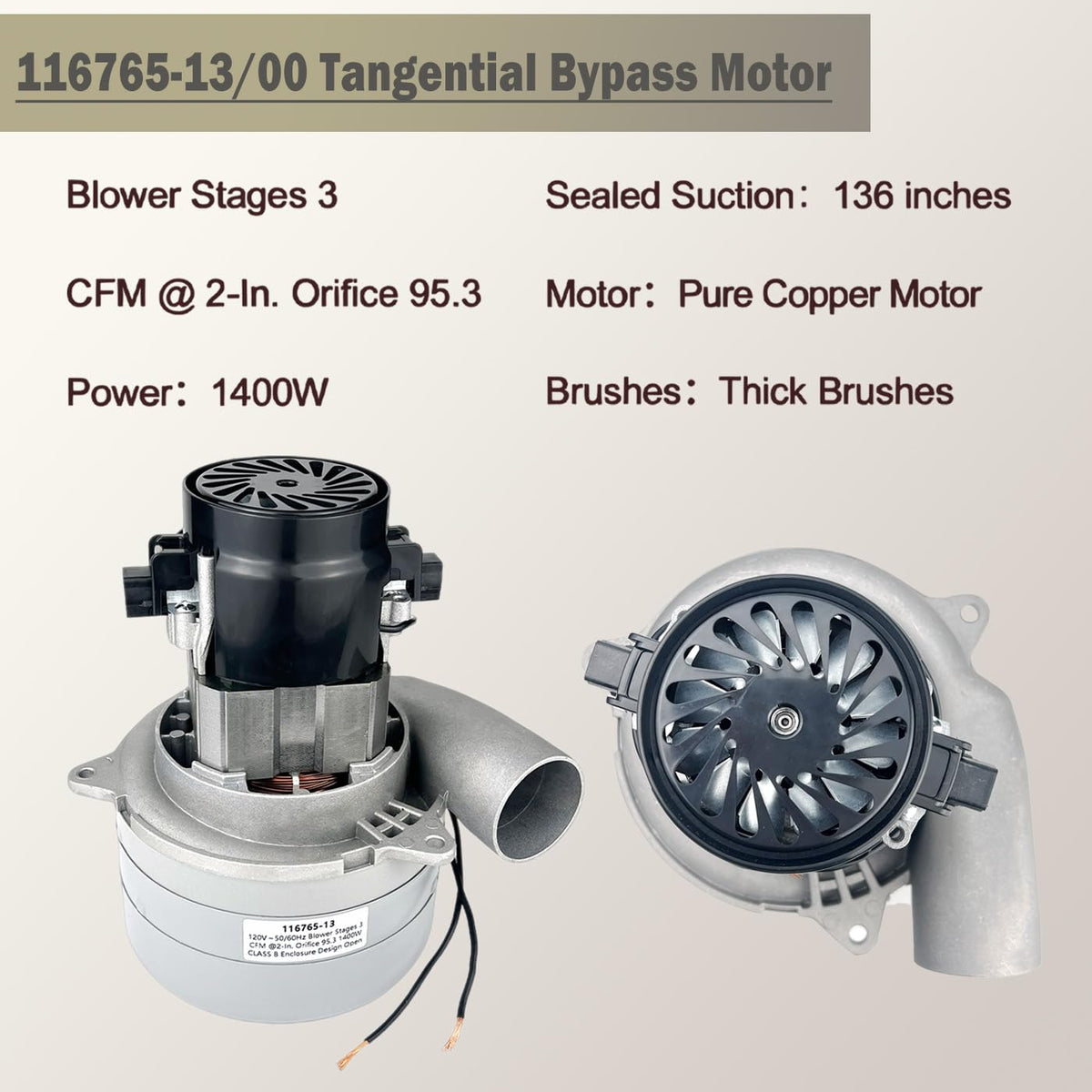 Upgraded 116765-13/00 Central Vacuum Motor,120v