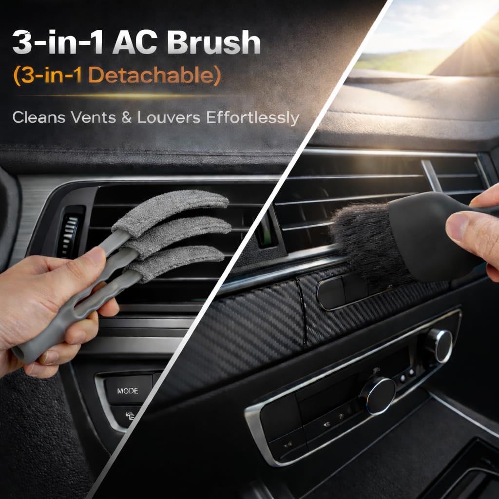 15-Piece Car Interior & Glass Cleaning Kit - 3 Graded Boar Brushes, 3-in-1 AC Vent Shutter Brush, 160g Gel, 180°