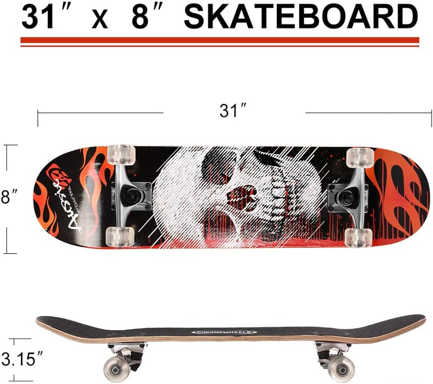 31 inch Skateboard Double Kick Skate Board Cruiser Longboard 8 Layer Maple Deck Skateboards for Kids and Beginners